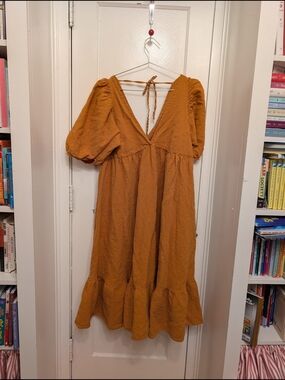 Linen Hackwith Design House Rust Orange Puff Sleeve Midi Dress with Deep V-Neck